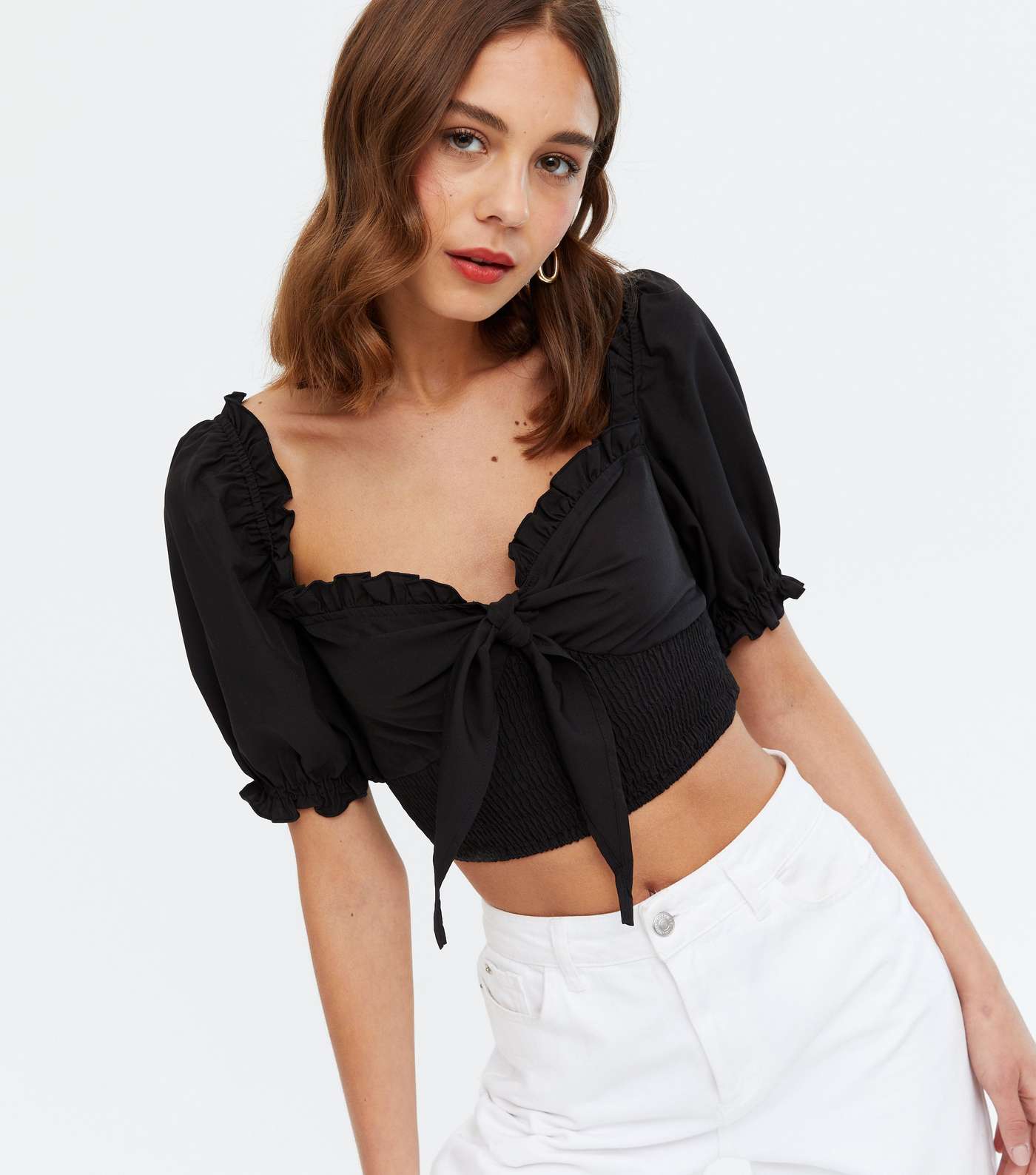 Urban Bliss Black Tie Front Shirred Top