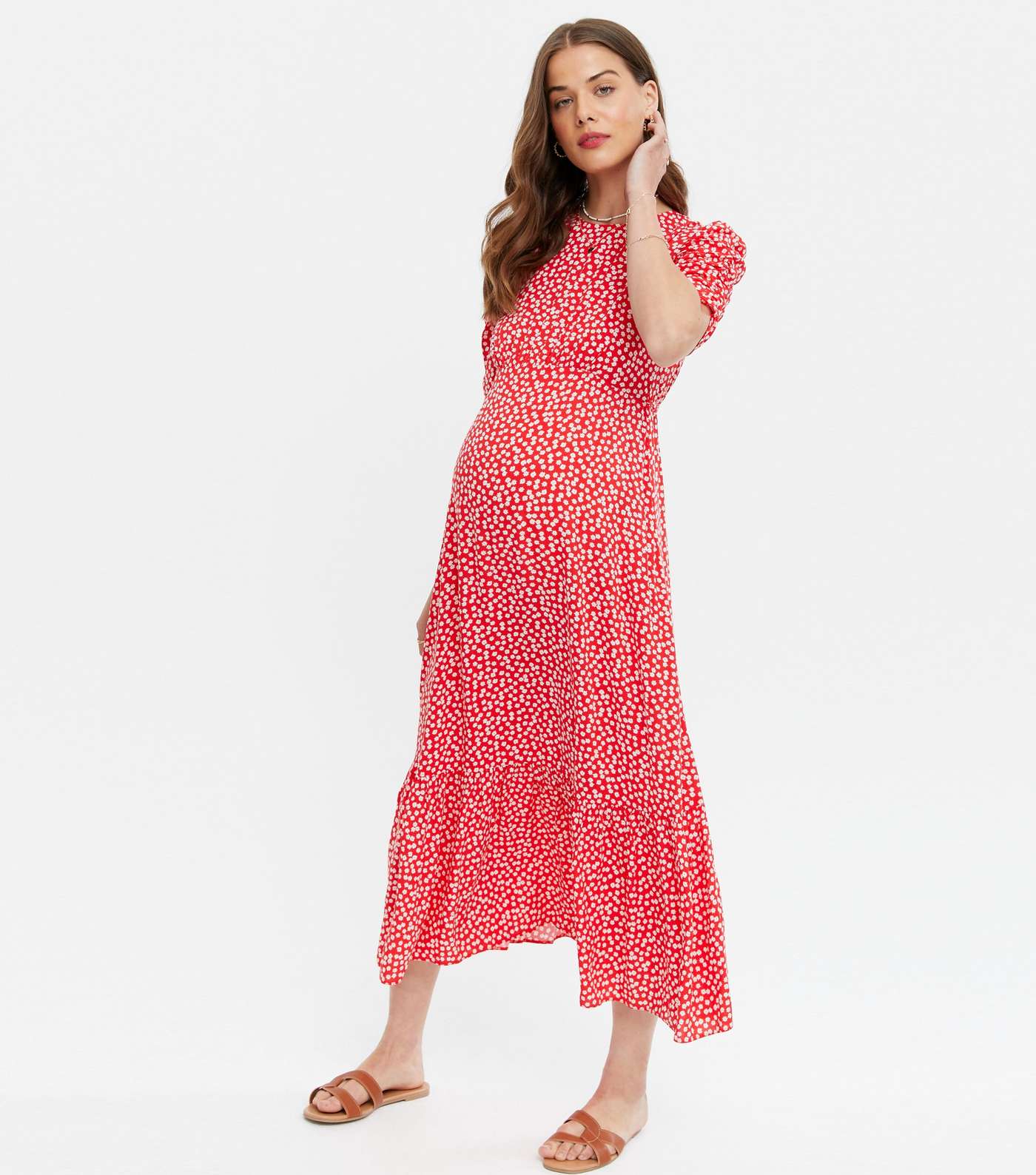 Maternity Red Ditsy Floral Tie Back Midi Dress Image 2