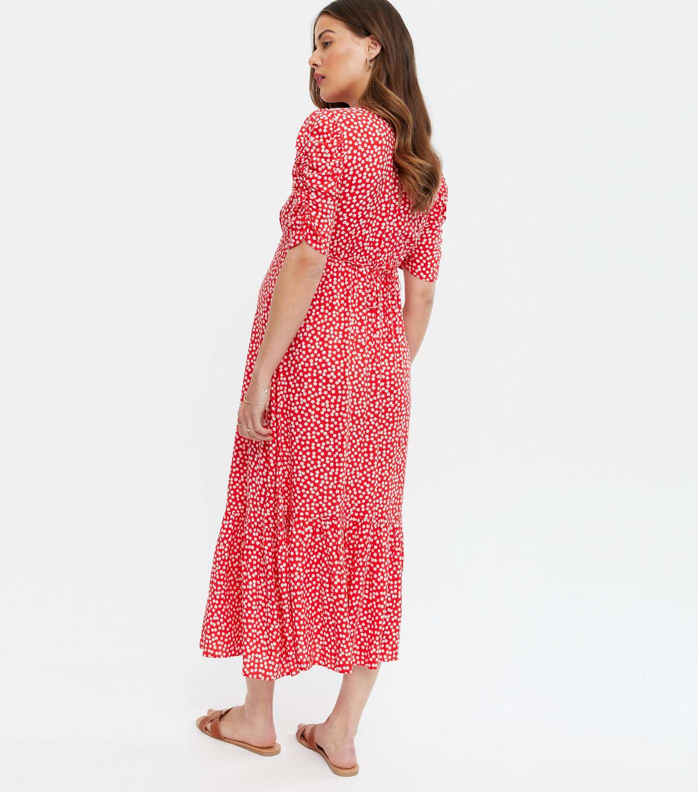 Maternity Red Ditsy Floral Tie Back Midi Dress Image 4