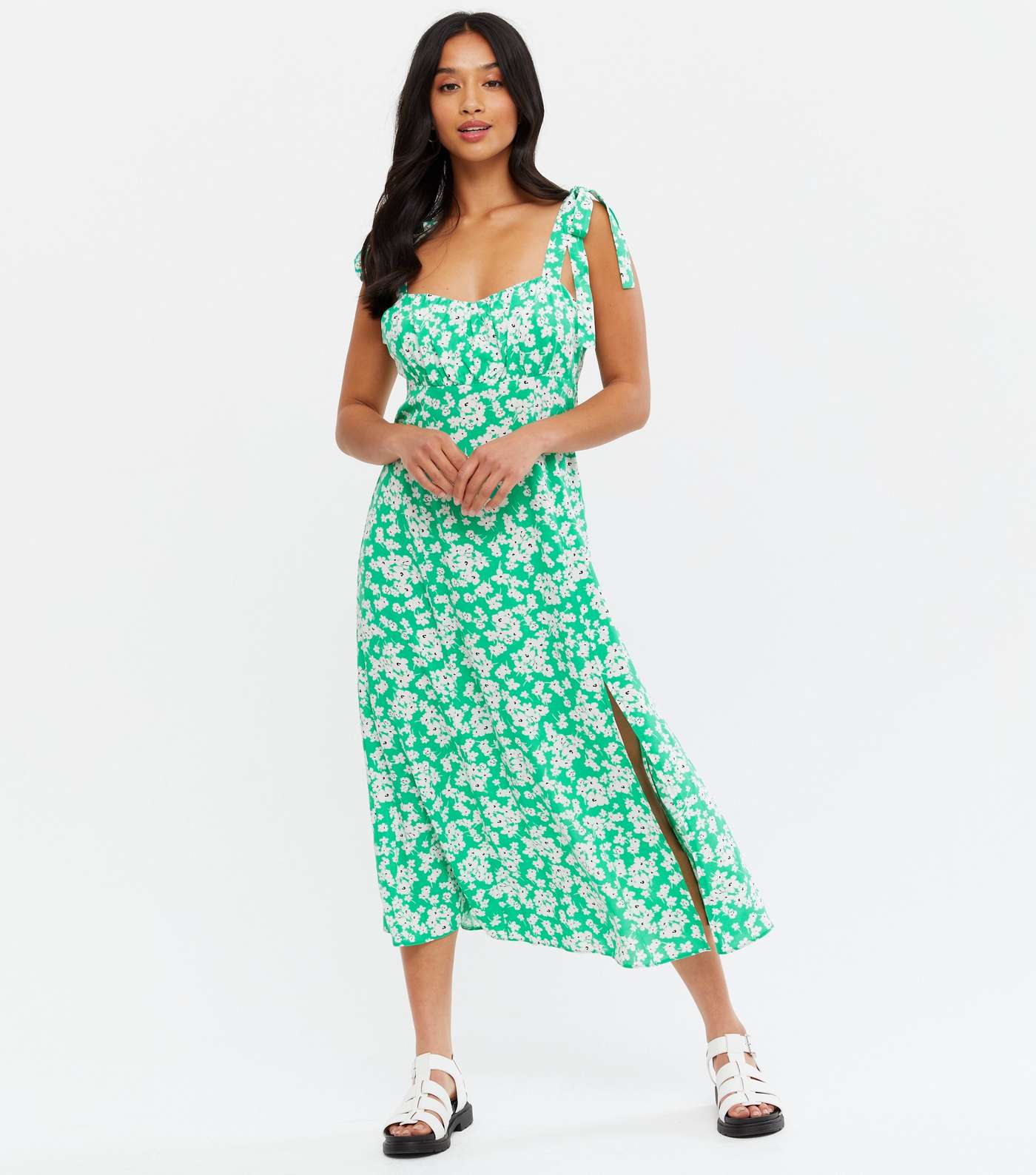 Petite Green Floral Tie Strap Midi Dress