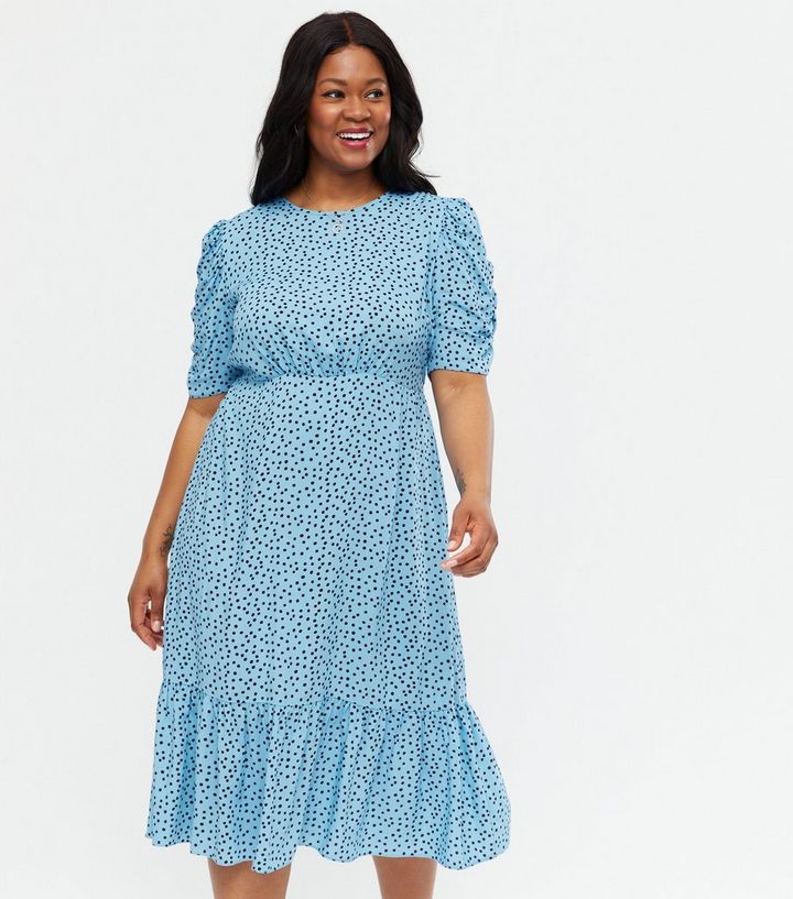 Curves Pale Blue Spot Puff Sleeve Midi Smock Dress | New Look