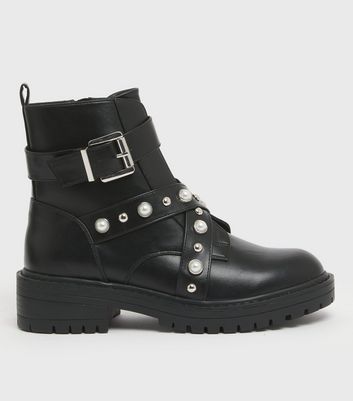Black Leather-Look Faux Pearl Studded Chunky Boots | New Look