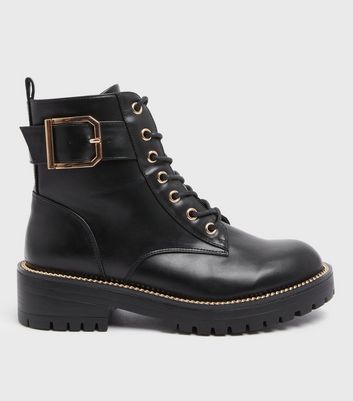 Black Leather-Look Metal Trim Chunky Boots