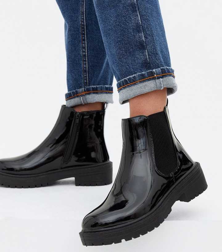 River Island Wide Fit Patent Chunky Chelsea Boot In Black | lupon.gov.ph