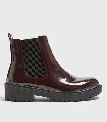 Dark Red Patent Chunky Chelsea Boots New Look