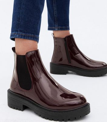 Dark Red Patent Chunky Chelsea Boots 