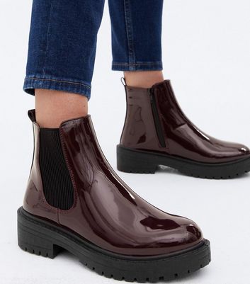 burgundy patent chunky ankle boots