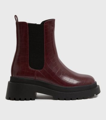 Dark Red Patent Faux Croc High Cut Chelsea Boots New Look