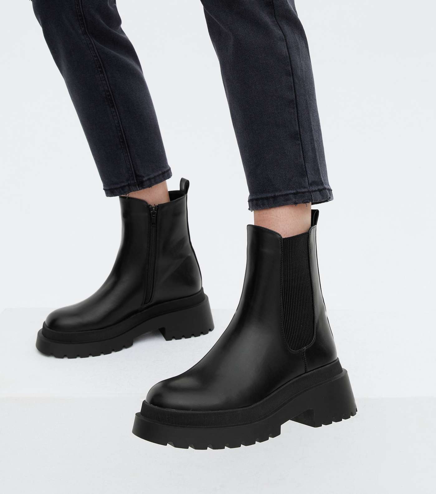 Black Leather-Look High Ankle Chelsea Boots Image 2