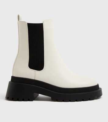 Off White Leather-Look High Ankle Chelsea Boots
