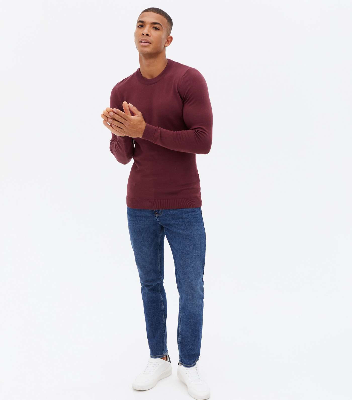 Burgundy Fine Knit Muscle Fit Crew Jumper Image 2