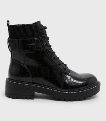 black faux croc chunky boots