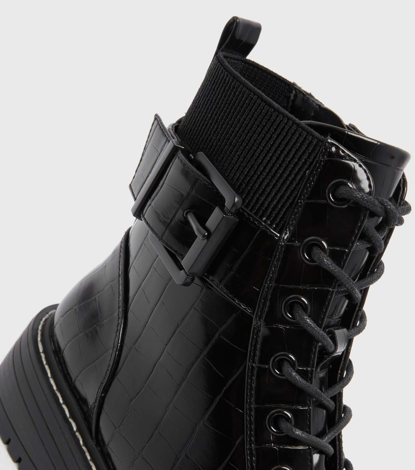 Black Faux Croc Buckle Lace Up Chunky Boots Image 4