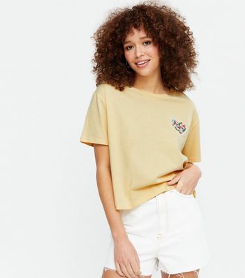 Pale Yellow Floral Embroidered Heart T-Shirt | New Look