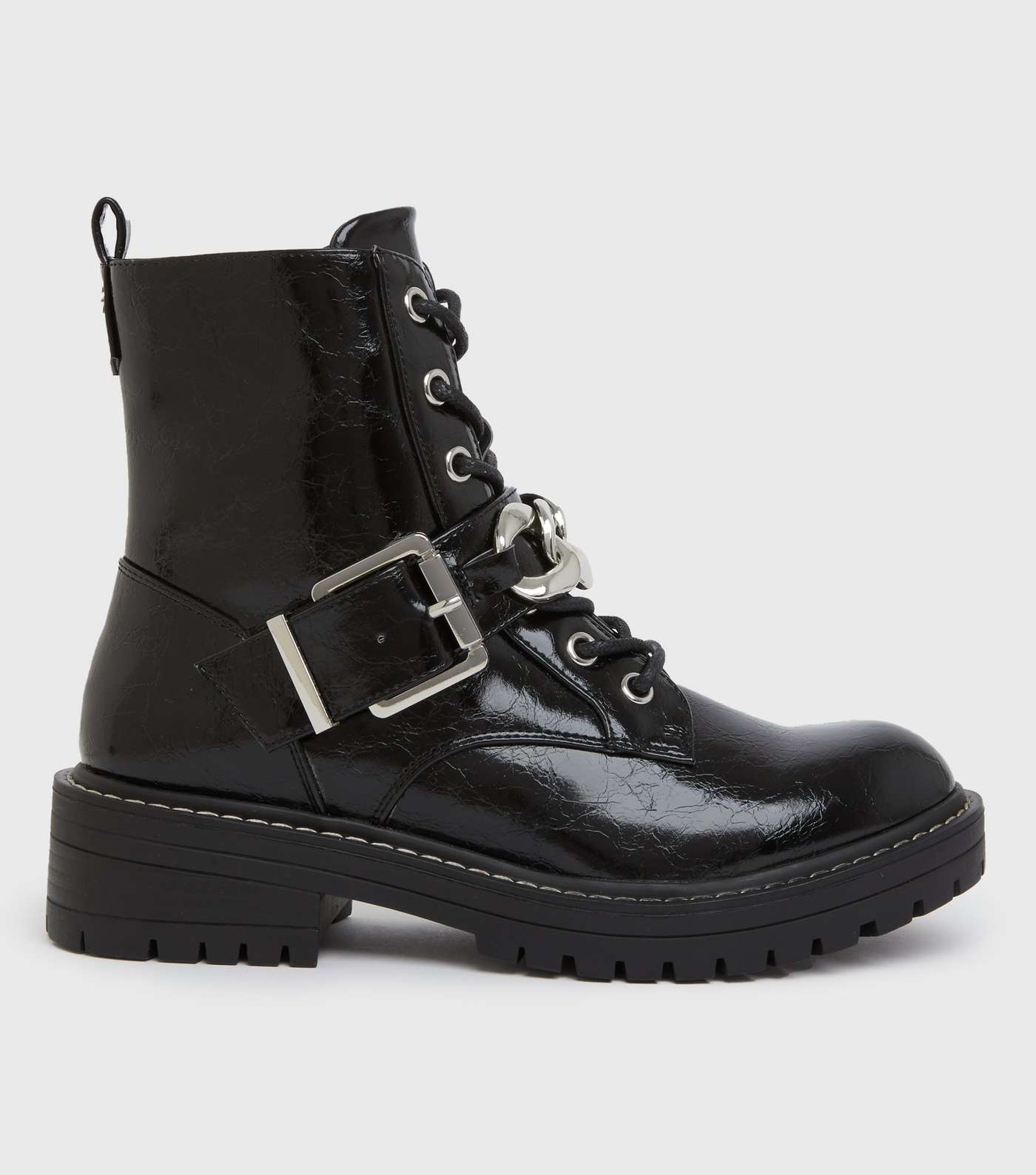 Black Leather-Look Chain Buckle Chunky Boots