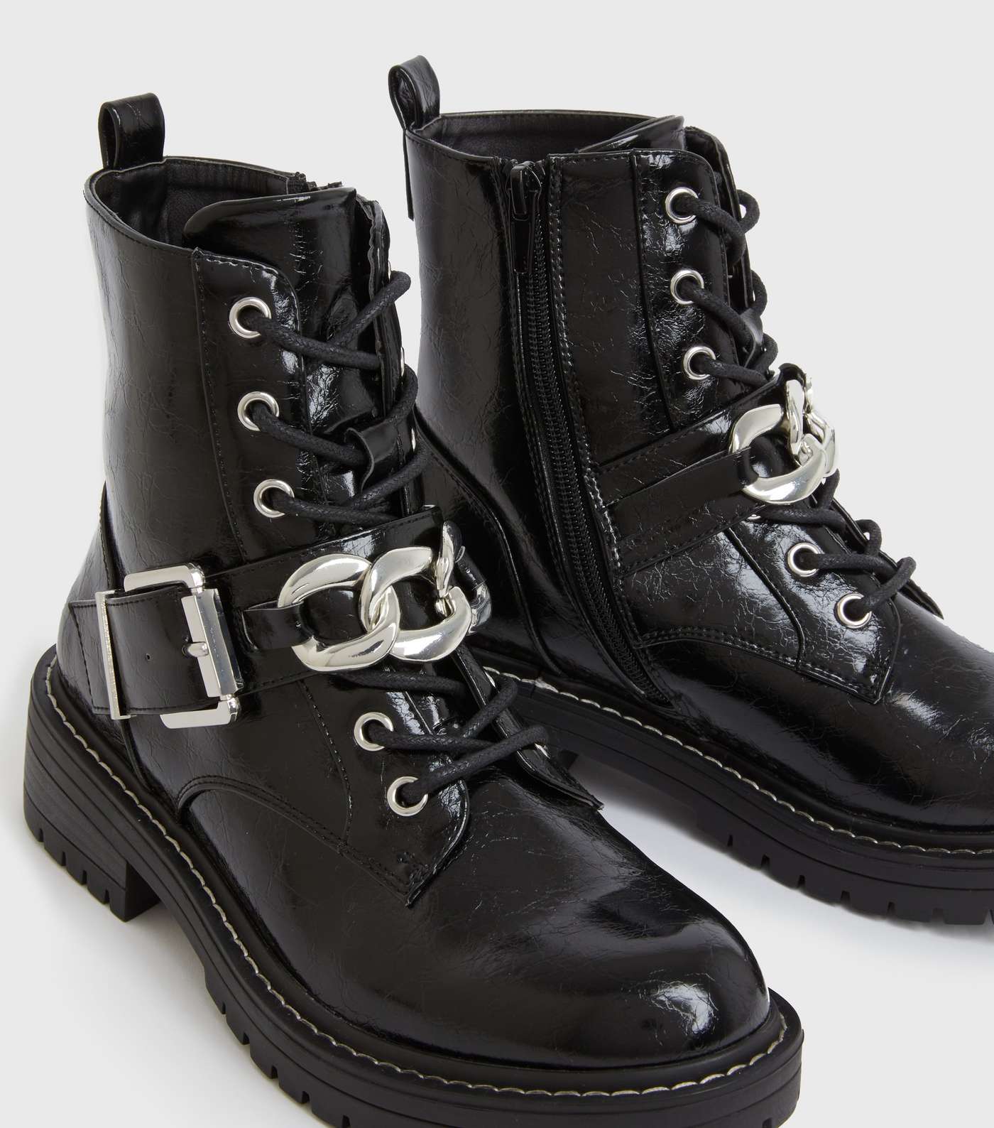 Black Leather-Look Chain Buckle Chunky Boots Image 3