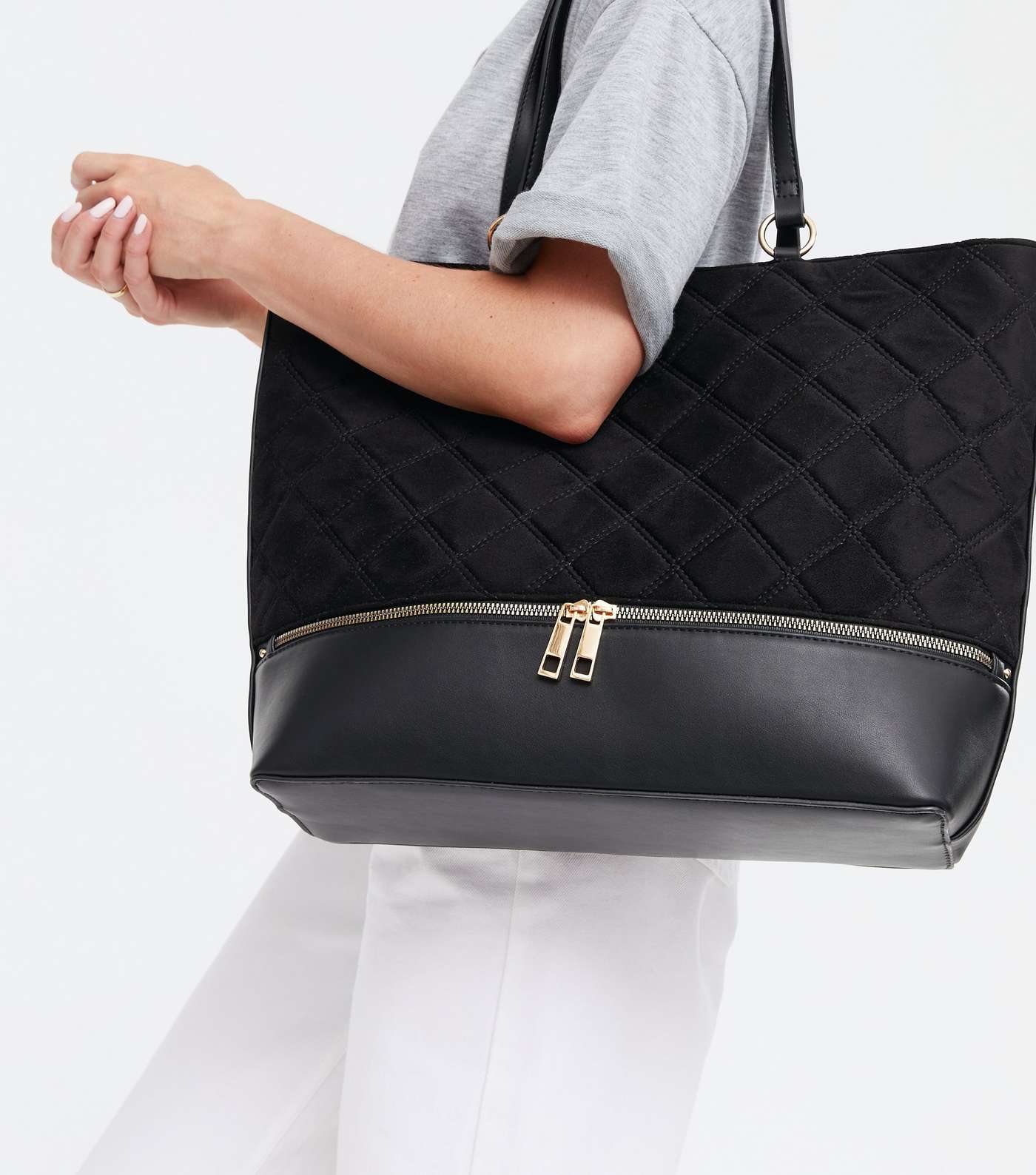 Black Quilted Suedette Double Zip Tote Bag Image 2
