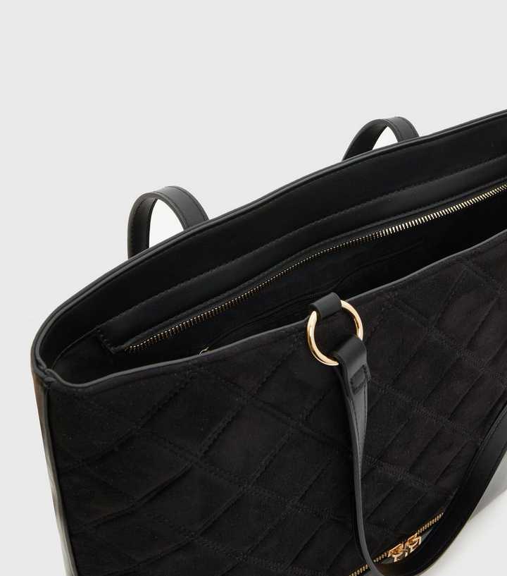 Black Quilted Suedette Double Zip Tote Bag