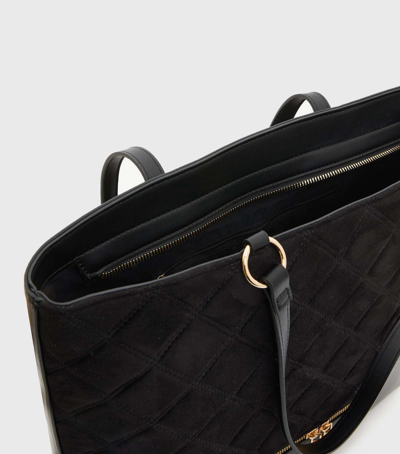 Black Quilted Suedette Double Zip Tote Bag Image 4