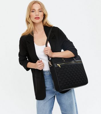 Black Quilted Laptop Bag New Look