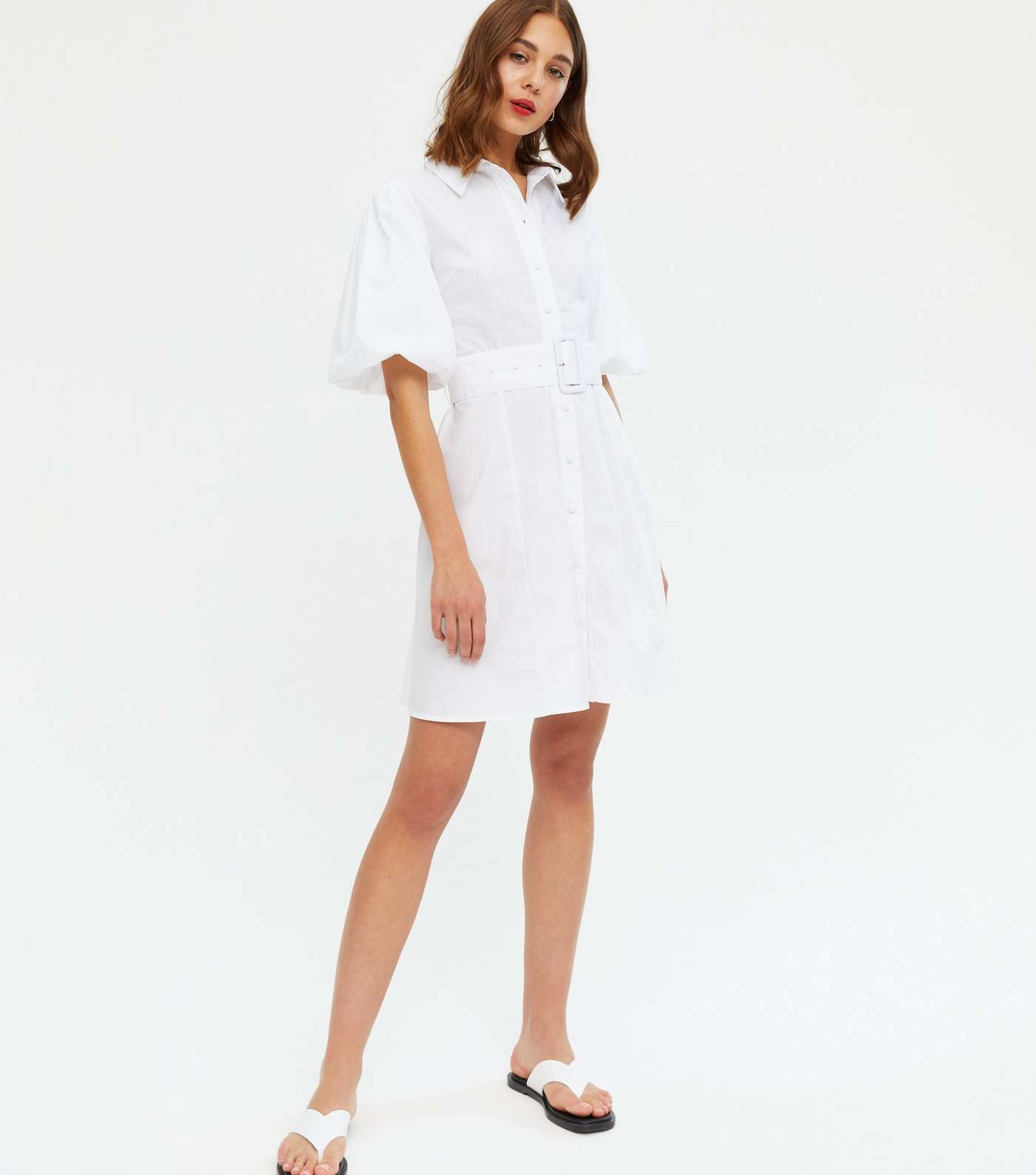 QUIZ White Belted Puff Sleeve Shirt Dress Image 2
