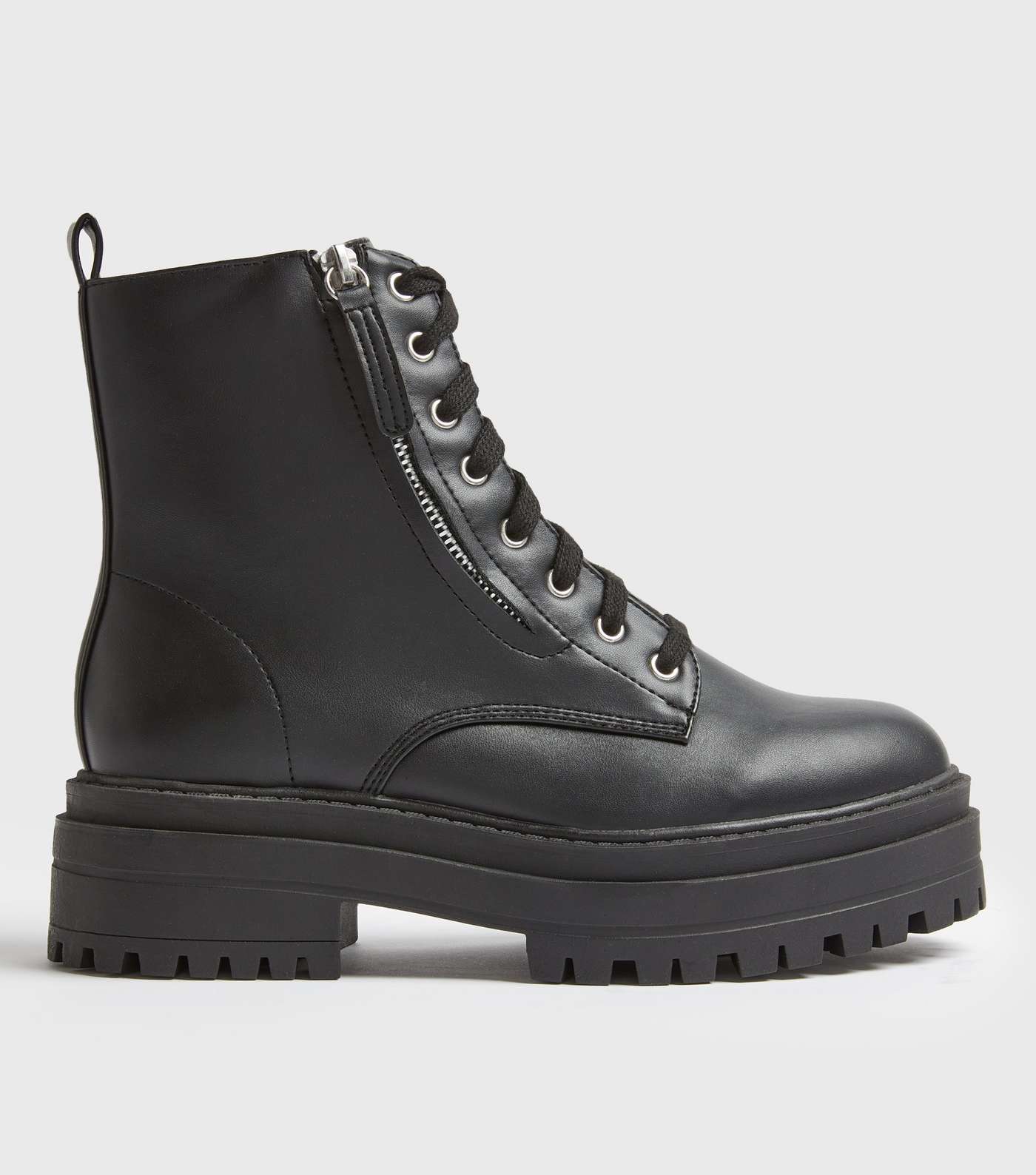 Black Zip Side Lace Up Chunky Boots