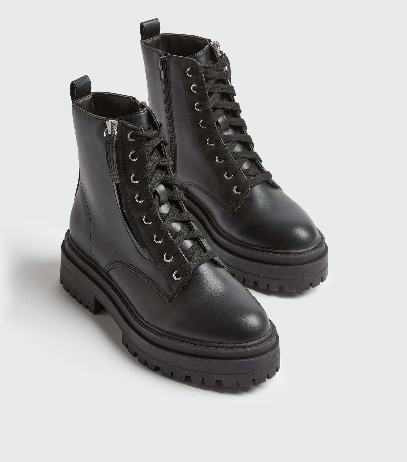 Black Zip Side Lace Up Chunky Boots Image 3