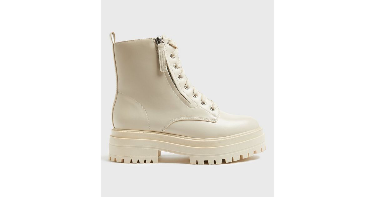 Off White Zip Side Lace Up Chunky Boots | New Look