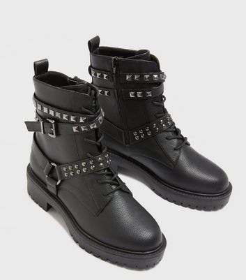 Wide Fit Black Stud Lace Up Biker Boots New Look