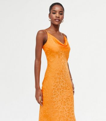 Bright Orange Satin Animal Jacquard Midi Slip Dress