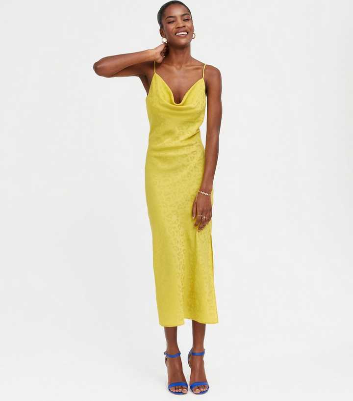 Yellow Satin Animal Jacquard Midi Slip Dress