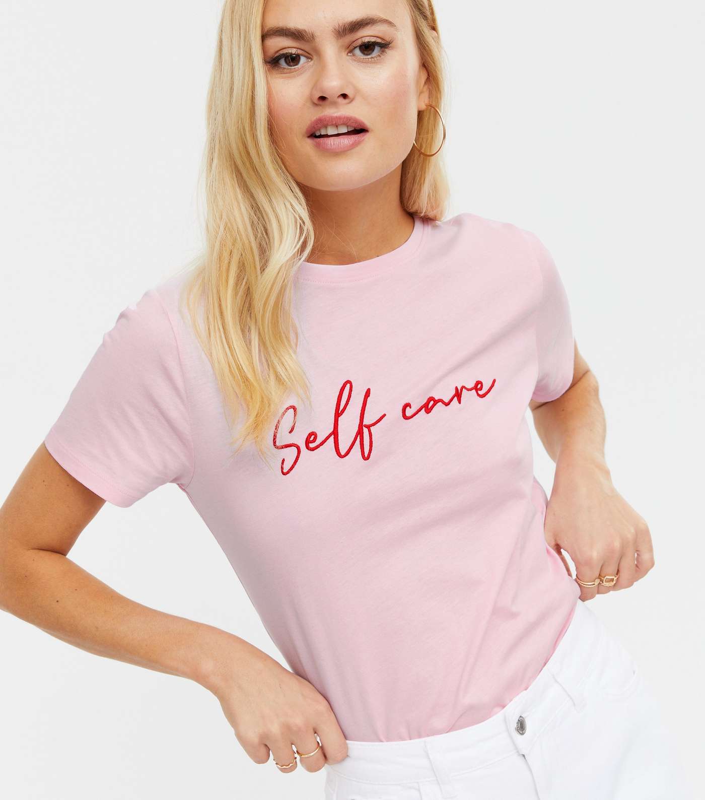 Pink Self Care Embroidered T-Shirt