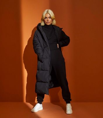 long black hooded puffer coat