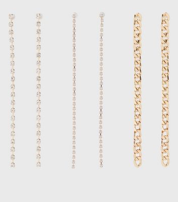 Damen Accessoires 3 Pack Gold Diamanté Chain Drop Earrings