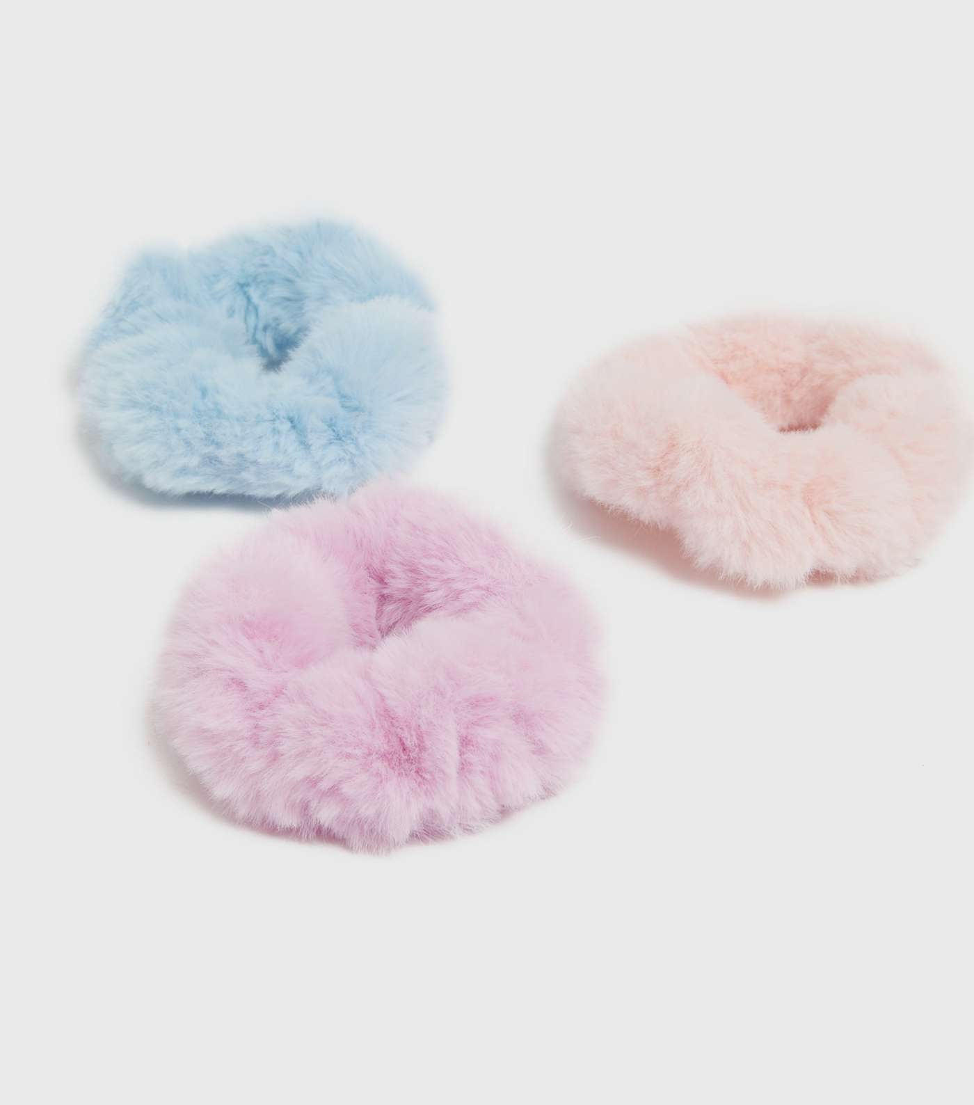 Girls 3 Pack Blue Pink and Coral Fluffy Faux Fur Mini Scrunchies Image 2