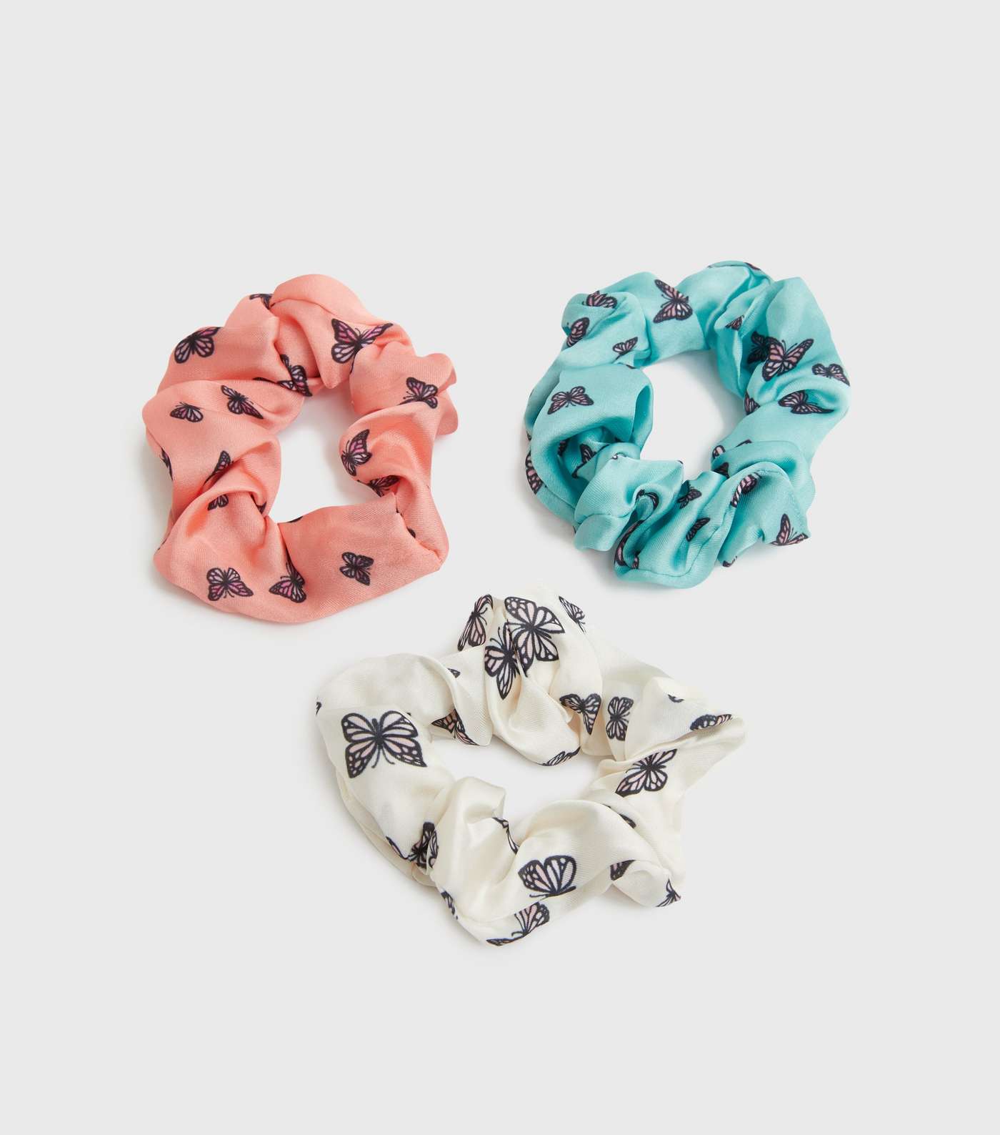 Girls 3 Pack Coral Blue and White Butterfly Scrunchies