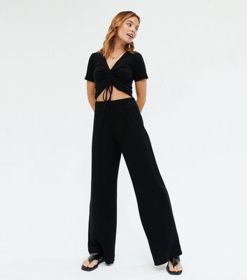 Petite Black Ribbed Wide Leg Trousers 