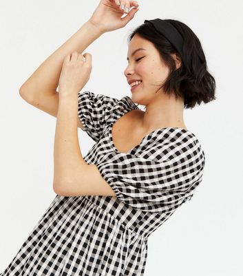 Black Gingham Square Neck Puff Sleeve Frill Blouse | New Look