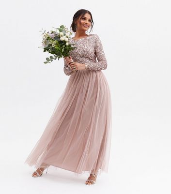 Maya petite long sleeve clearance sequin top maxi tulle dress