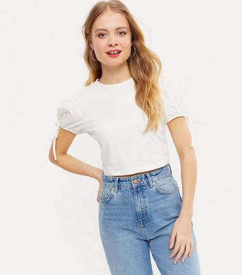 NA-KD White Tie Puff Sleeve Crop Top 