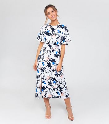 blue and white floral midi dress