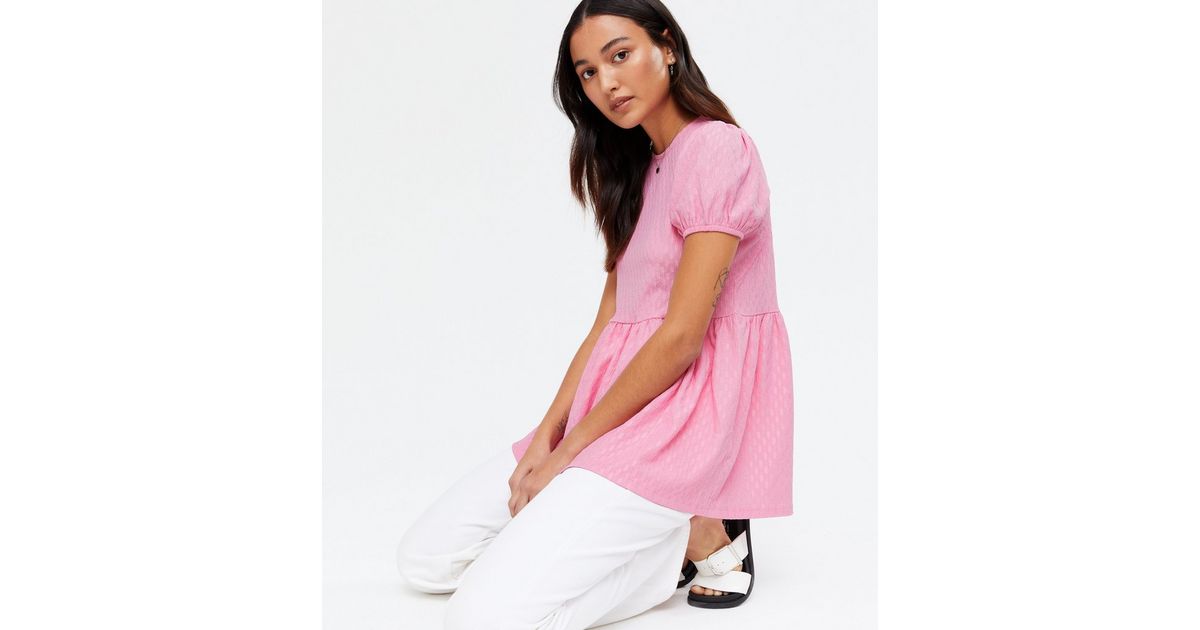 Pale Pink Textured Open Back Peplum Top New Look