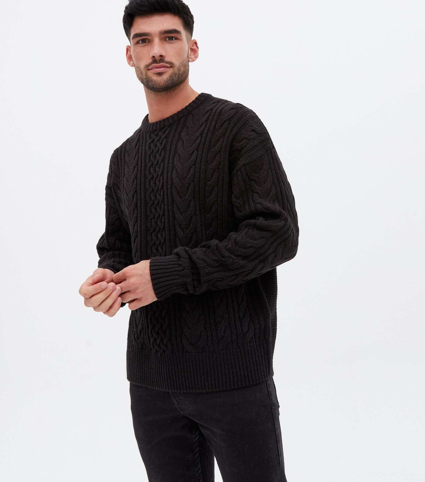 Black Cable Knit Relaxed Fit Crew Jumper