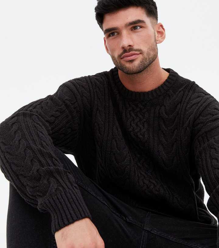 Black Cable Knit Relaxed Fit Crew Jumper | New Look