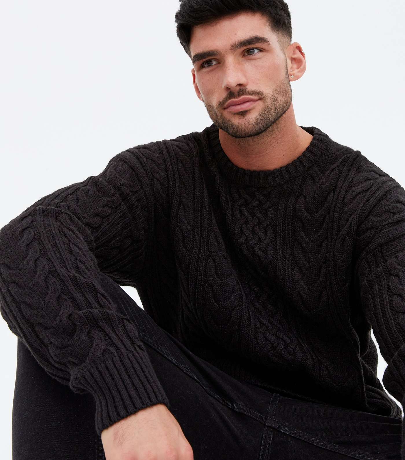Black Cable Knit Relaxed Fit Crew Jumper Image 3