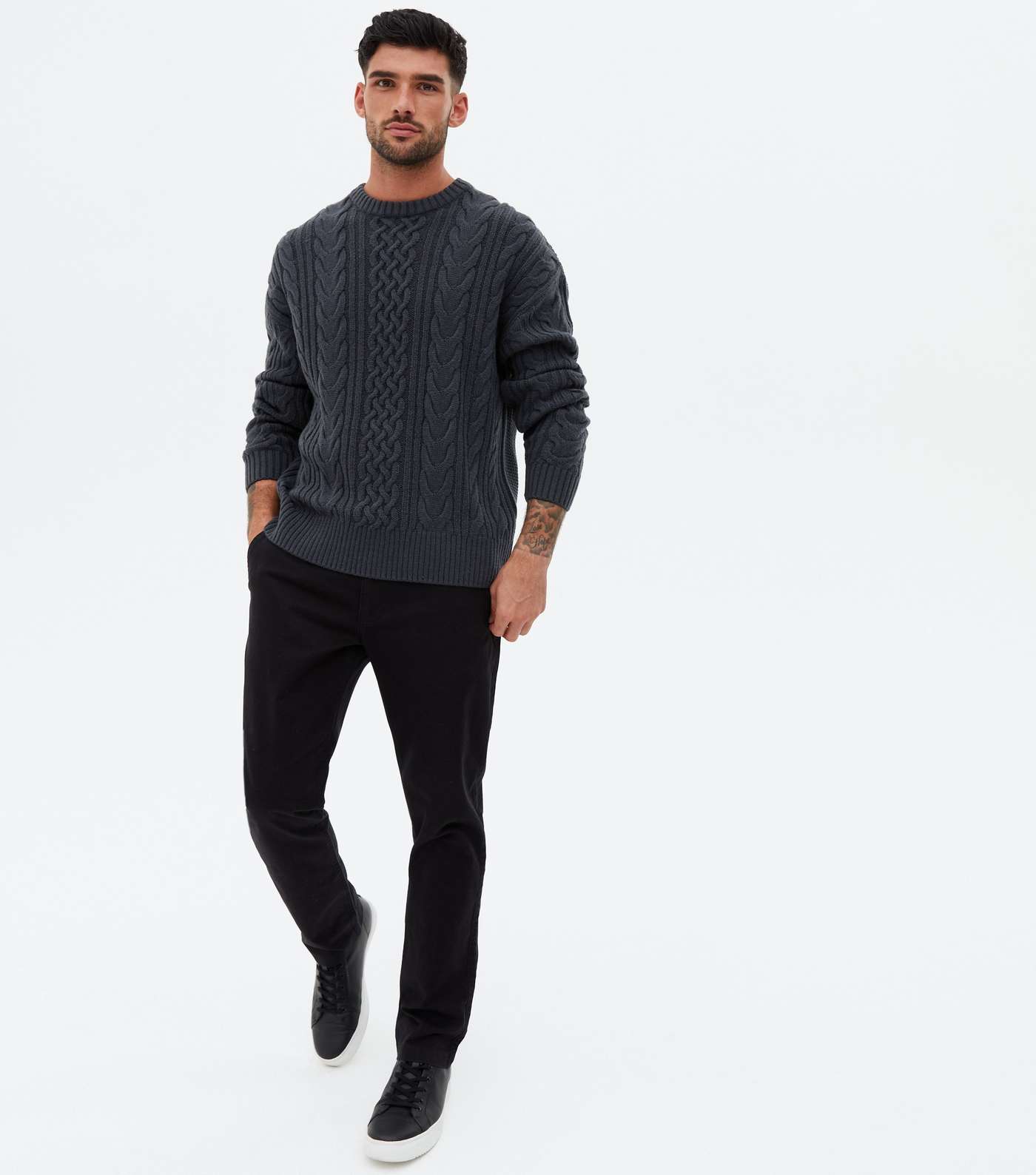 Grey Cable Knit Relaxed Fit Crew Jumper Image 2