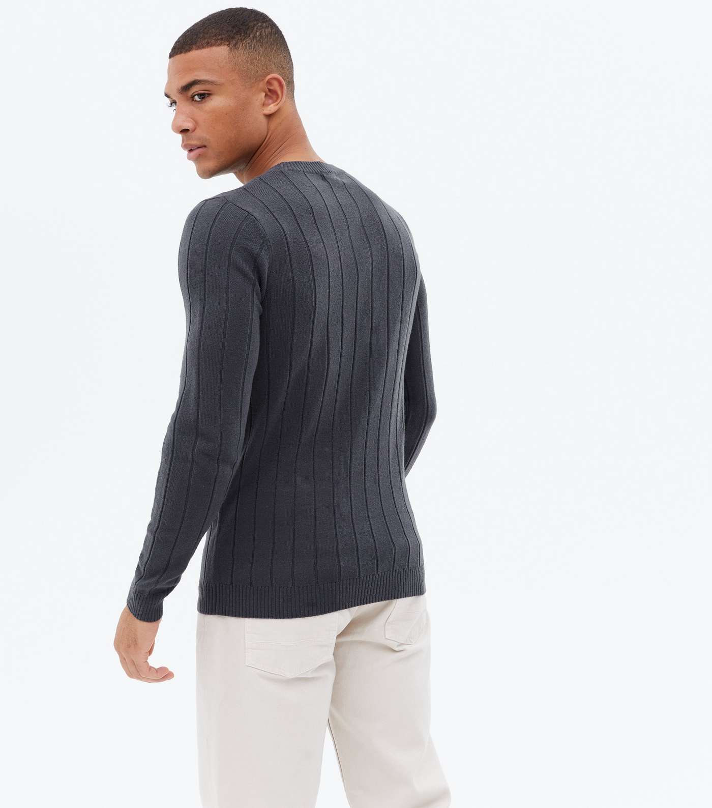 Dark Grey Ribbed Fine Knit Muscle Fit Jumper Image 4
