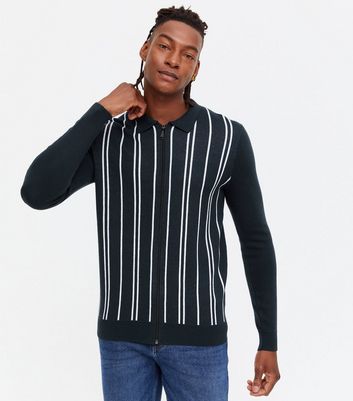 Navy Stripe Fine Knit Collared Zip Cardigan | New Look