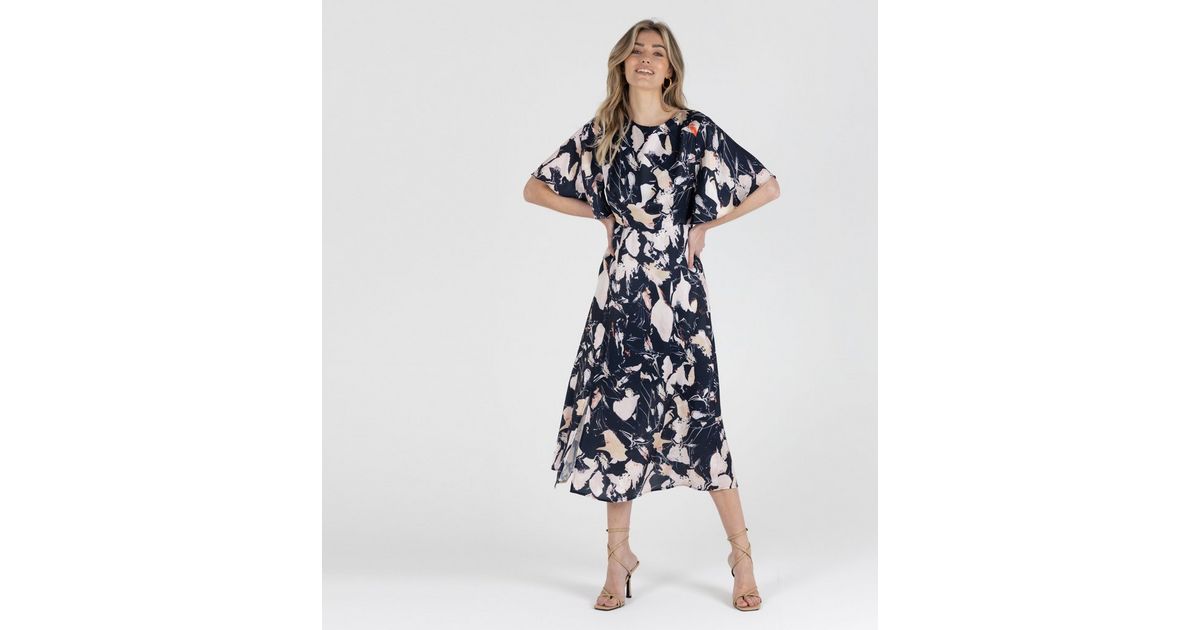 Zibi London Navy Paint Splatter Chiffon Midi Dress New Look