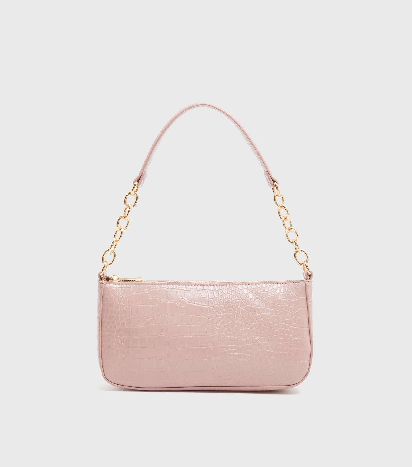 Pale Pink Faux Croc Chain Shoulder Bag